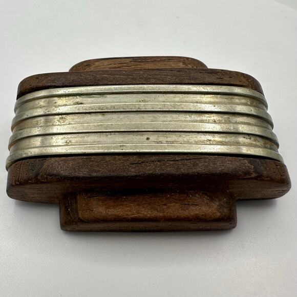 Antique Art Deco 1930s polished brown woodgrain wood silver tone brooch - Picture 4 of 8